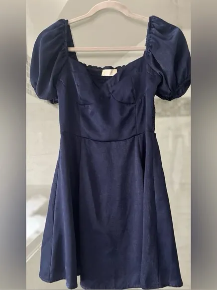 Altar'd State Navy Satin Puff Sleeve Dress - Image 4