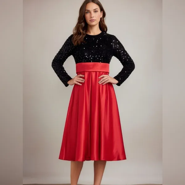 AO YAN Black Red Maxi Dress Long Sleeve Sequined Satin‎ Christmas Holiday C27 - Image 2