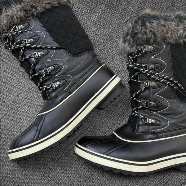 Black Faux Fur Trim Winter Snow Boots - Image 2