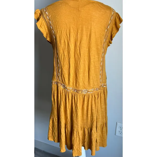 Free People Boho Yellow Embroidered Flowy Ruffle Top Blouse Oversized Size S - Image 5