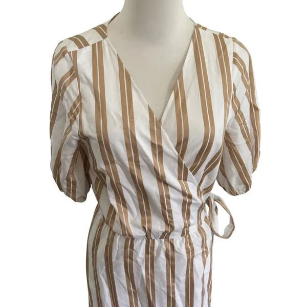 Ann Taylor Striped Midi Wrap Dress Sz M White Brown Puff Sleeves Coastal Chic - Image 2