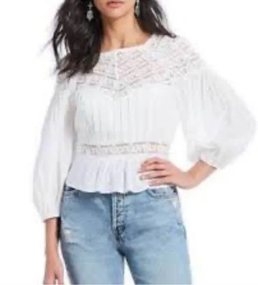 Free People Size Small White ‘Sweet Mornings’ Woven and Lace Top Peasant Boho - Image 2