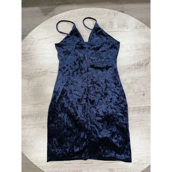 Navy Blue Velvet Bodycon Dress Ruched Wrap Mini Spaghetti Strap Deep V Cocktail - Image 8