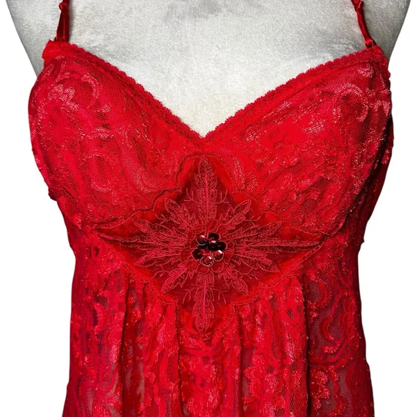 Vintage‎ Y2K Red Lace Sequin Babydoll Tank Lingerie Sheer Slip Chemise Large - Image 4