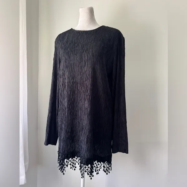 Vintage ‘90s Melissa Black Fringe Hem Long Sleeve Mini Shift Dress - Image 2