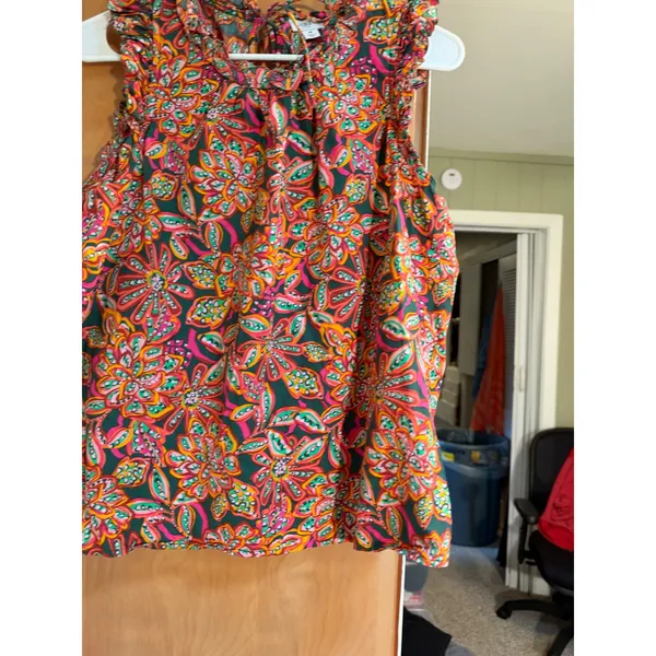 J. Crew Factory Women's Size Medium Sleeveless Ruffle Top Dark Green Pink Orange - Image 5