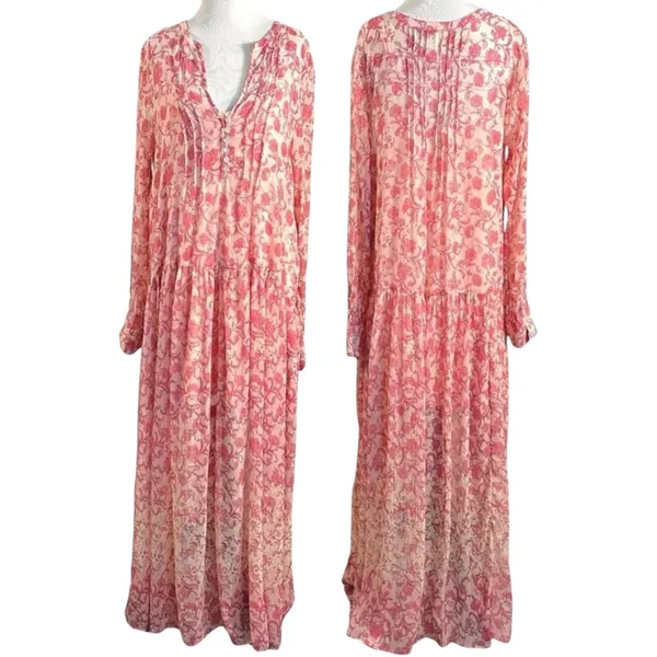 Free People Dainty Ethereal See It Through Maxi Dress Pink Rose Floral Medium - Image 7