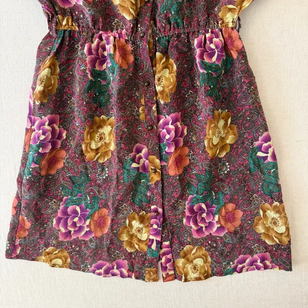 Champagne & Strawberry Silk Floral Paisley Mini Dress Womens Small Burgundy Boho - Image 12