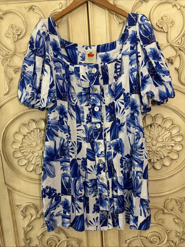 Farm Rio Garden Tiles Linen Puff Sleeves Mini Dress Size Large - Image 4