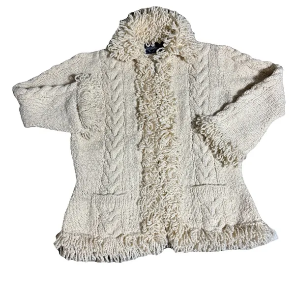 Ecuadorian Handknit Women's Chunky Wool‎ Sweater Jacket Full Zip Boho Size L - Image 2