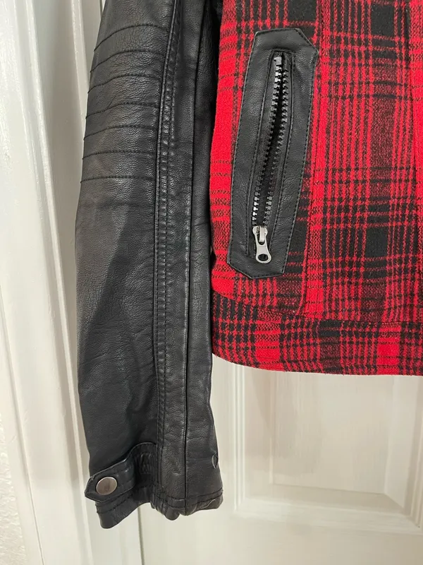 Red & Black Plaid Moto Jacket With Faux Leather Sleeves - Image 2