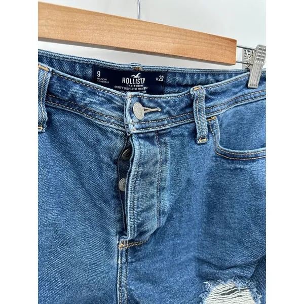 Hollister Womens 9 Blue Curvy High Rise 3" Mom Distressed Button Fly Jean Shorts - Image 4