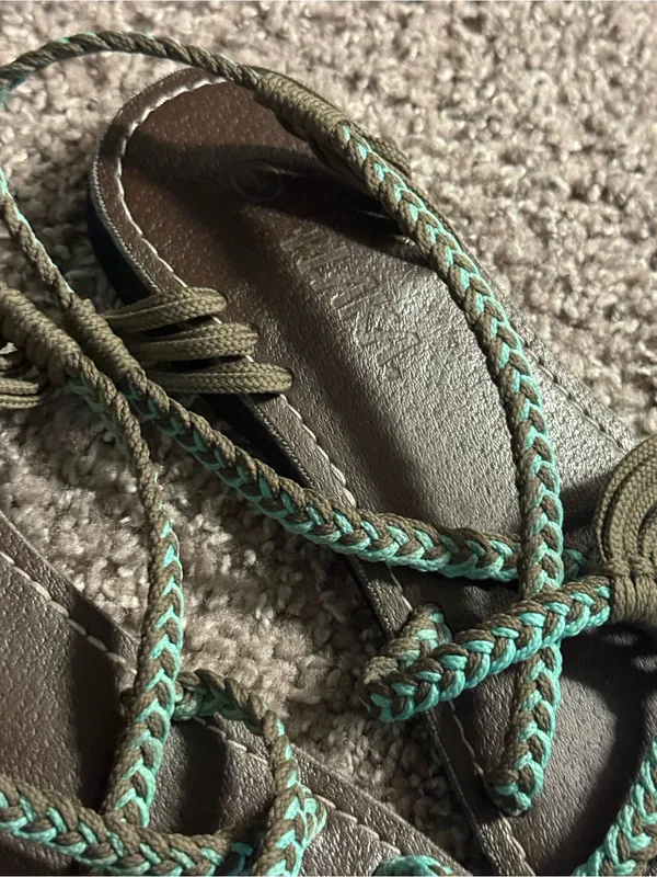 Plaka Size 7 Brown Turquoise Braided Rope Flat Sandals Bohemian Outdoors Beach - Image 11