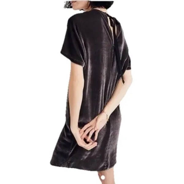 Madewell Velvet Bow Back Tee Dress Short Sleeve Silvery Gray Silk Blend Medium - Image 2