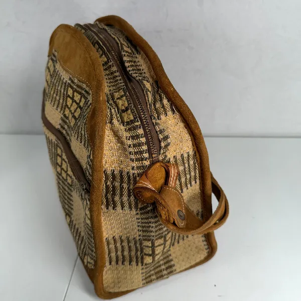 Vintage Brown Suede Tapestry Travel Bag Geometric 70s Boho Weekender Talon Zip - Image 7