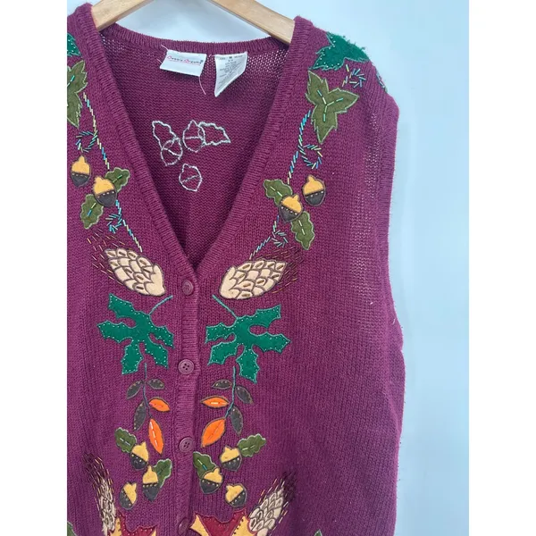 Vintage Sweater Vest Women M Autumn Fall Embroidered Beaded Teacher Granny - Image 2