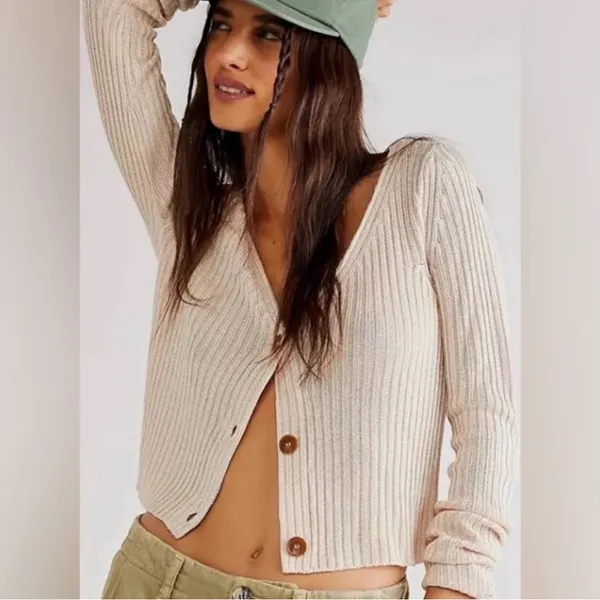 Free People Game On Button Front Cardigan in White Swan - Image 3