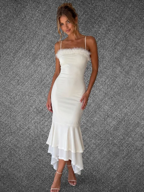 SHEIN White Feather Trim Mermaid Midi Dress XS Spaghetti Strap Party Dress - Image 3