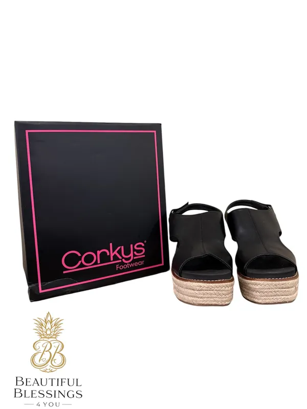 NWT Corkys “Freddie” Wedge Sandals Black Size 8 Platform Espadrille Slingback - Image 2