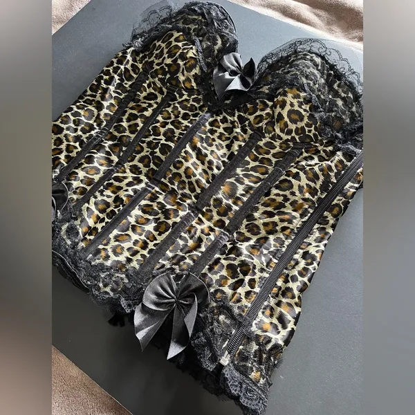 VAACODOR Women’s Leopard Print Corset Side Zip Back Tie Lace Bows Sz XXL Y2K EUC - Image 3