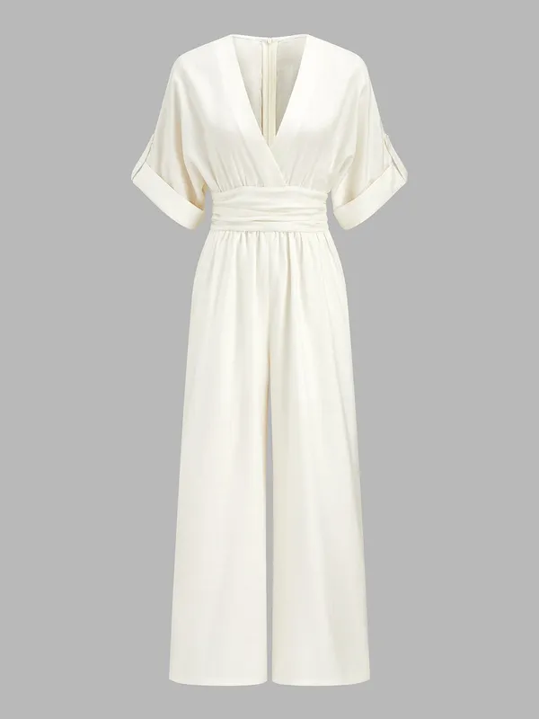Commense Off White Tencel Ruched Waist Wide Leg Jumpsuit M NWT - Image 2