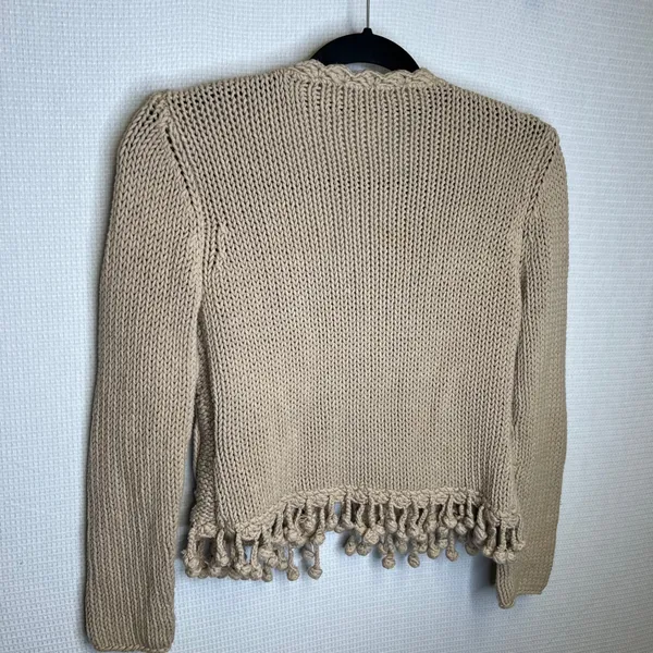 Unique Beige Knit Cardigan Sweater Buttons Fringe Tassel Boho‎ - Image 5