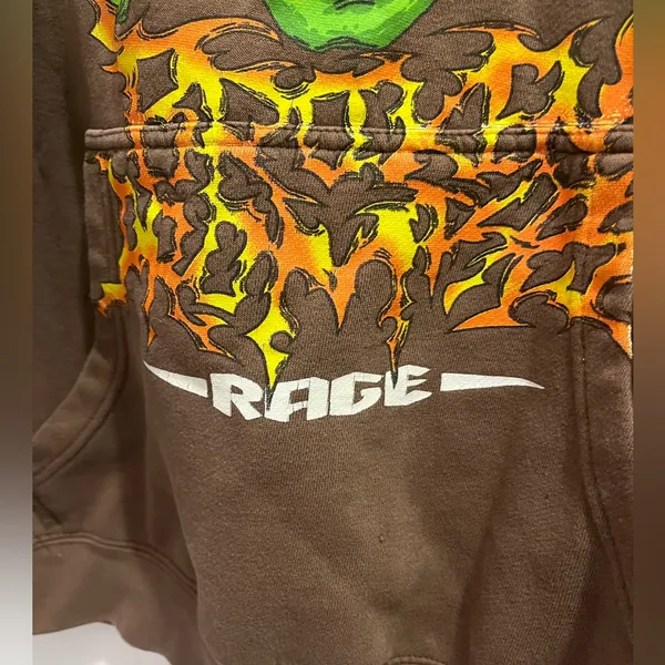 Broken Promises Brown Hoodie with Green Skull Graphic Pullover size Large - Image 3