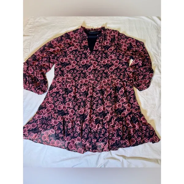 EXPRESS XL Black Mini Dress Black Rose Pink Floral Print Chiffon Flowy Flirty - Image 6