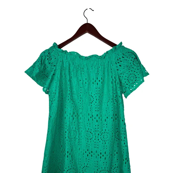 a.n.a Eyelet Dress Womens‎ XS Green Off The Shoulder Shift Ruffle Short Sleeve - Image 4