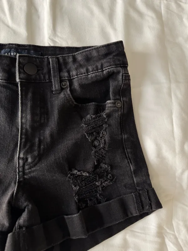 Black Destroyed High Rise Midi Jean Shorts - Image 3
