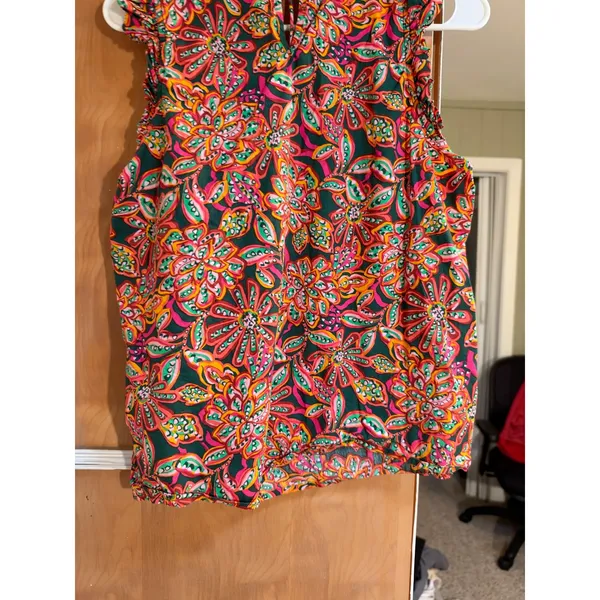 J. Crew Factory Women's Size Medium Sleeveless Ruffle Top Dark Green Pink Orange - Image 8
