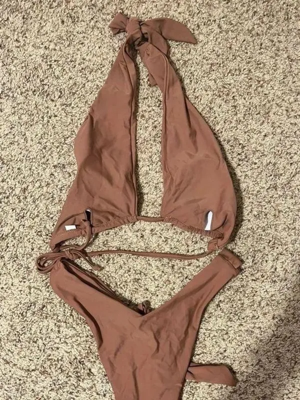 Aurelle Swim Classic Halter Bikini in Mauve Brown - Size Small - Image 2