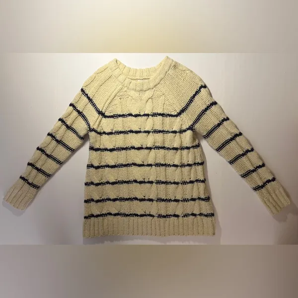 J. Jill Cream & Navy Striped Crew Pullover Preppy Cable Knit Raglan Sweater XS - Image 6