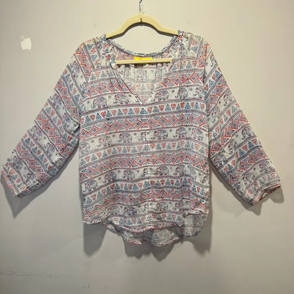 Roberta Roller Rabbit Elephant Print‎ Gauze Lightweight V-neck Blouse Top Medium - Image 2