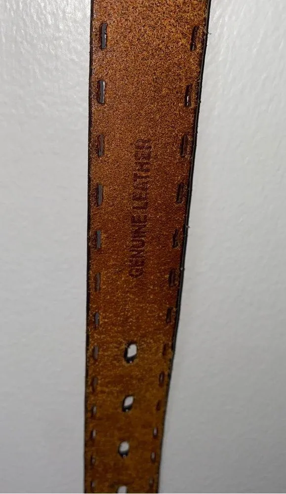 Brown Leather Belt with Silver Brass Buckle Embroidered Stitched edging 32 - Image 4