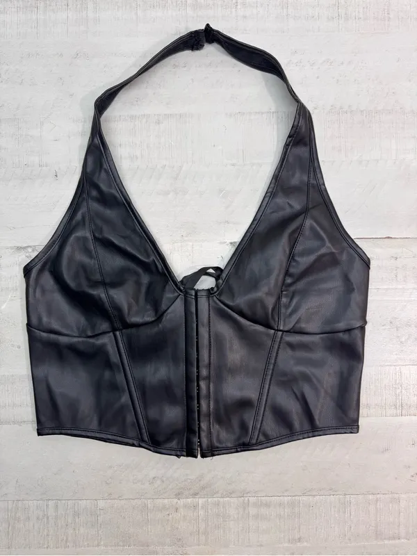 PU Leather Crop Top Women's Hook Eye Backless Halterneck NWOT size Xlarge - Image 6