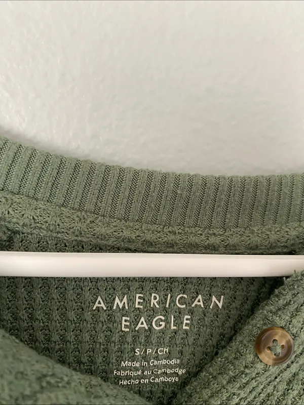 American Eagle Outfitters Olive Green Waffle Henley Long Sleeve Top - Image 2