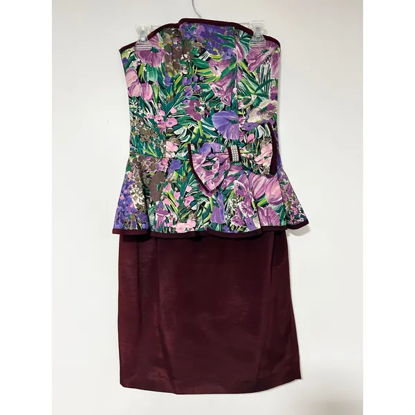 Vintage 80s PROM Jessica Howard Peplum Dress Floral Strapless Rhinestone Bow 8 - Image 2
