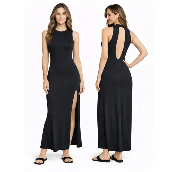 Hearts Black Sleeveless Mock‎ Neck Side Slit Maxi Dress Size Large - Image 2