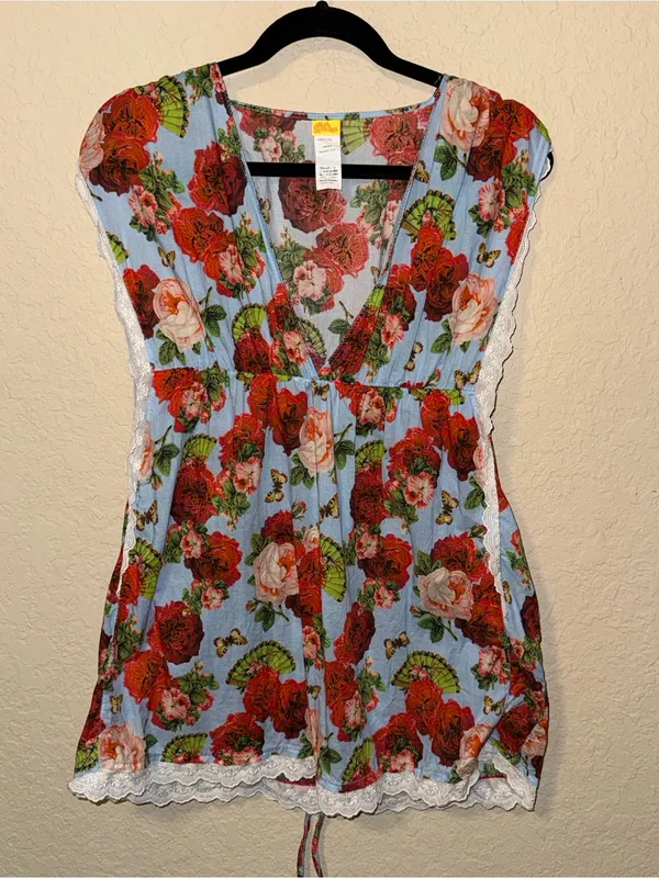 Agua Bendita Light Blue Floral Lace-Trim Tie-Waist Coverup - Image 5