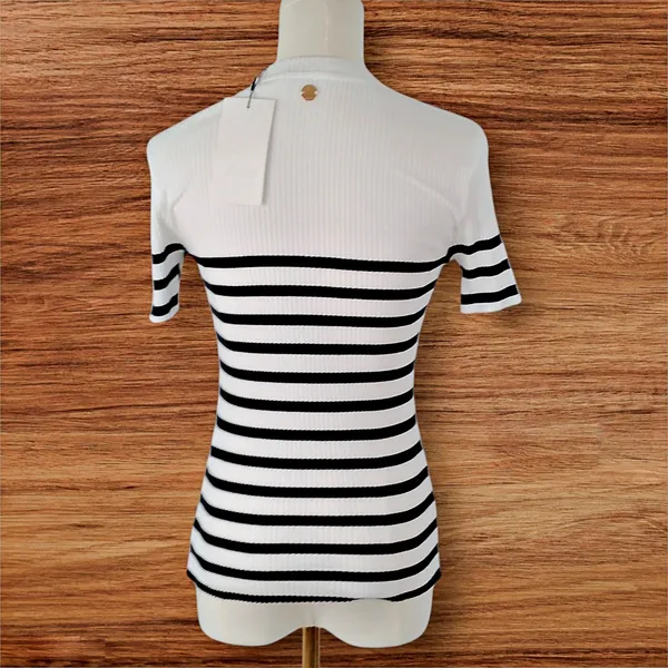 Zara Ribbed Knit Jersey T-shirt w/ Stripes & Brooch Short Sleeve MEDIUM - Image 3