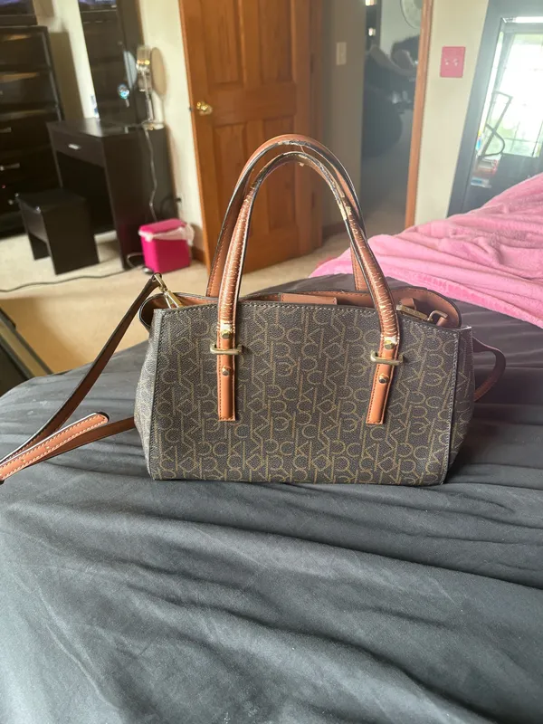 Calvin Klein Monogram Satchel Handbag in Brown with Tan Trim - Image 2