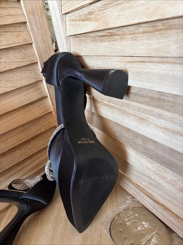 Jenn Ardor Black Satin Pointed-Toe Slingback Heels Crystal Bow 8.5 Brand New - Image 7