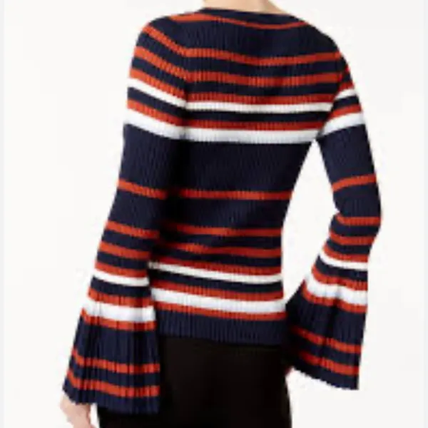 Bar III Striped Ribbed Bell Sleeve Sweater Medium Metallic Knit - Image 2