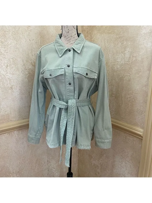 Zara denim belted cotton jean jacket sage green Sz XL - Image 5