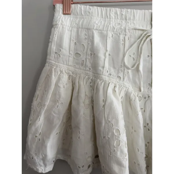 Free People Roselle Eyelet Mini Skirt Ivory‎ Button Front Drawstring Women's Med - Image 5