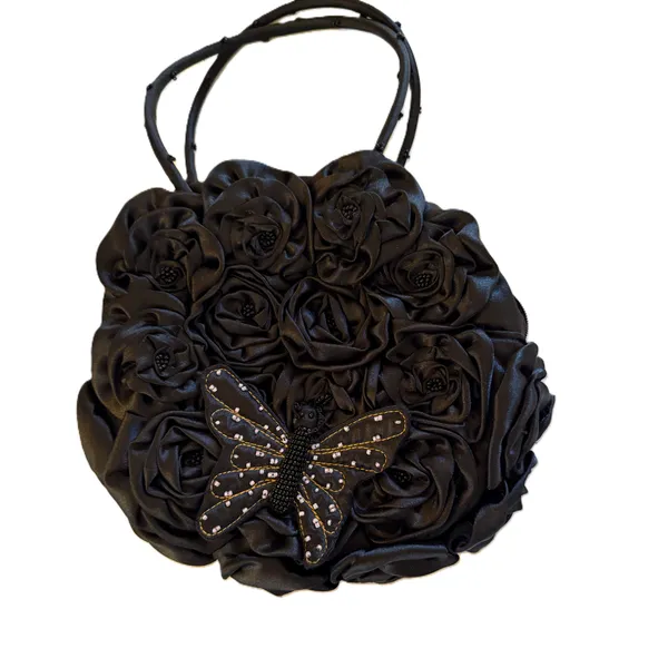 Dolce Vita Black Rosette Satin Purse Beaded Butterfly Applique Floral Y2K Fairy - Image 2