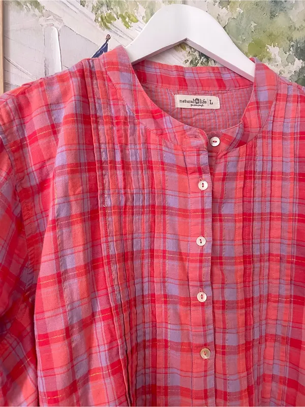 Natural Life Plaid Pintuck Metallic Lurex Blouse Top Pink Purple Gold Large - Image 3