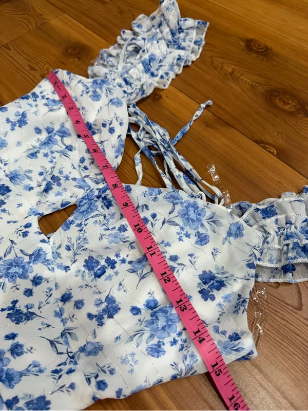 Altar'd State Mabel Blue Floral Tiered Ruffle Mini Dress Lace Up Back Size Large - Image 7