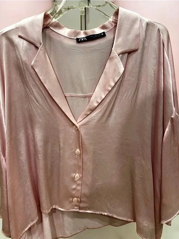 Zara pink satin effect crop top button up Size XS - Image 5